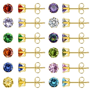 Set of 12 pairs of gold zircon stud earrings in various colors and four-prong settings