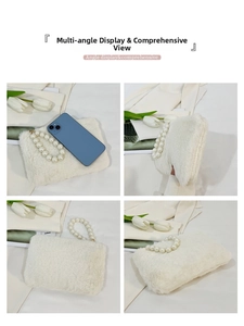 Multi-angle views of white faux fur handbag with pearl handle and smartphone for scale