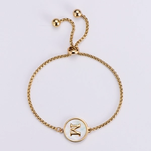18K gold-plated adjustable bracelet with white shell round pendant and letter M