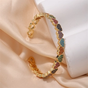 Colorful Heart Open Bangle Bracelet Gold Plated Alloy Zircon Inlaid Geometric Fashion Jewelry For Women