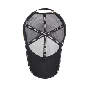 Black trucker hat with breathable mesh and adjustable metal buckle for outdoor sun protection