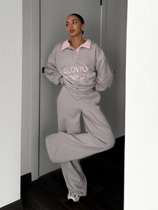 Sweatshirt Et Pantalon Femme Mélange Coton Demi Bouton Col Polo Contraste Broderie Lettres Imprimé Streetwear