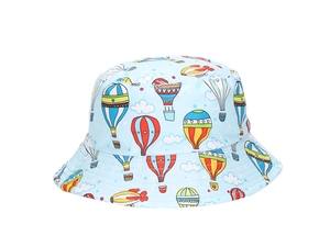 Detail of baby sun hat featuring colorful hot air balloon patterns on light blue fabric