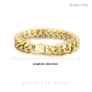 Detail of 12mm gold stainless steel Cuban chain bracelet with secure buckle and dimensions