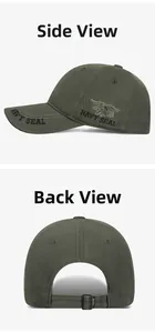 Detail of Navy SEAL embroidery and adjustable metal buckle on olive camo baseball cap