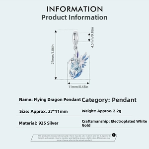 Breloque dragon volant en argent sterling S925 avec émail bleu et placage platine