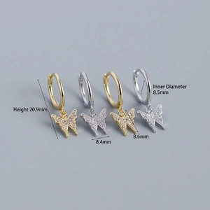 S925 silver butterfly hoop earrings with sparkling cubic zirconia, height 20.9mm
