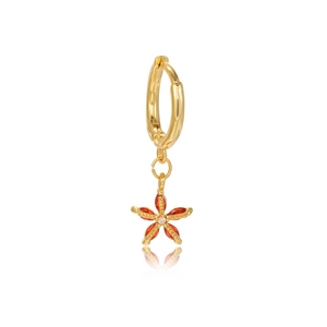 Detail showing an 18K gold flower earring with red-orange petals and white zircon