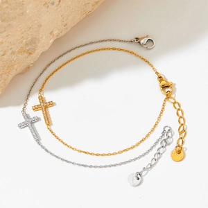 Détails de bracelets croix en acier inoxydable doré et argenté avec poinçon S.Steel