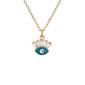 Gold evil eye necklace with blue enamel pendant and sparkling rectangular zircon stones