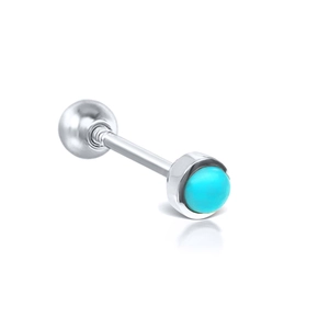 Macro view of sterling silver cartilage stud featuring a turquoise stone and gold ball