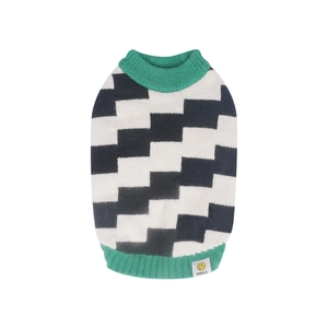 Dog knit sweater with green ribbed collar and black white geometric zigzag pattern