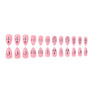 24-piece pink press-on nails with gothic cross, snake and celestial moon graphics