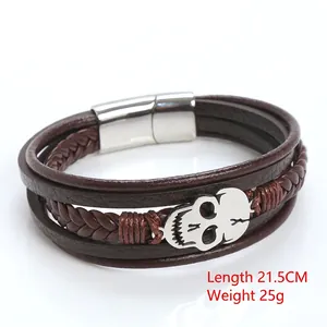 Multilayer brown leather skull bracelet with magnetic clasp for men and women 21.5cm