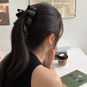 Elegant French style large black satin ribbon bow banana clip for ponytail hairstyles