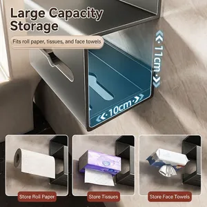 Grey wall-mounted bathroom tissue box and shelf for rolls and disposable towels