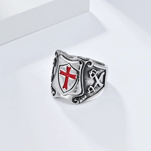 Mens vintage stainless steel shield ring with red cross and double swords detail