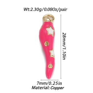 Pink chili charm in copper with gold spots and measurements showing 28mm length