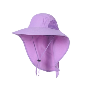 Detail of lavender sun hat showing wide brim, neck flap, mesh vent, and chin strap