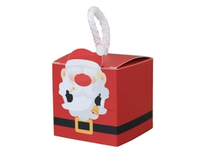 Close-up of small square Christmas gift box with Santa motif and white rope handle