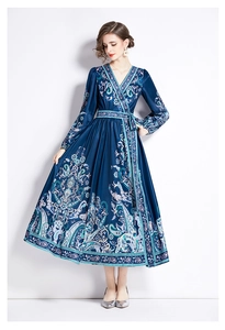 Detail of V-neck wrap dress featuring intricate paisley print and waist tie design