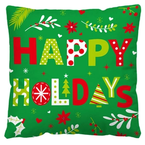 Green Happy Holidays Christmas pillow cover with festive red and white graphic patterns