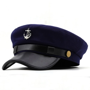 Classic navy blue captain hat with silver anchor badge and sleek black leather brim
