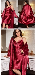 Detail view of burgundy satin sleepwear set showing silk texture and V-neckline lace trim