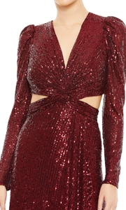 Deep wine red sequined dress with deep V-neck, long sleeves and cutout waist detail