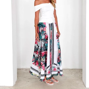 Women's summer high waist maxi skirt with tropical floral print and white off-shoulder top