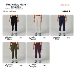 Detailed grid view showing high-waisted yoga pants in black, beige, blue, green, and purple