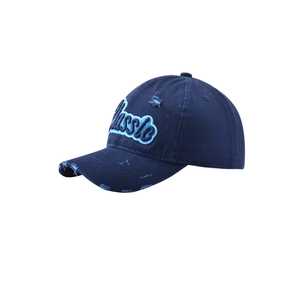 Close-up of vintage navy baseball cap with classic 3D embroidery and distressed detail