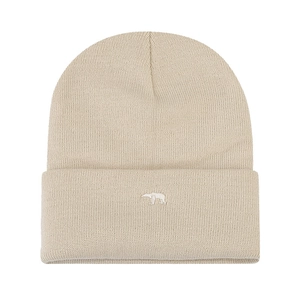 Beige thick knitted beanie with polar bear embroidery and wide cuffed brim