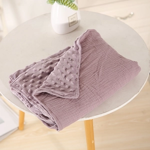 Close-up of lilac double-sided baby blanket with soft minky dots and crinkled cotton gauze