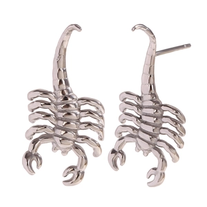 Silver scorpion stud earrings in stainless steel showing front and side profile views