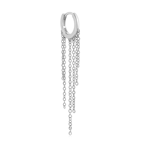Detail view of S925 sterling silver hoop earrings with long chain tassel pendants