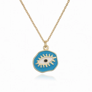 Gold chain necklace featuring a blue enamel evil eye pendant on a clean white background