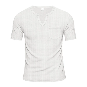 Close-up of white V-neck T-shirt showing breathable waffle texture and 100% cotton label