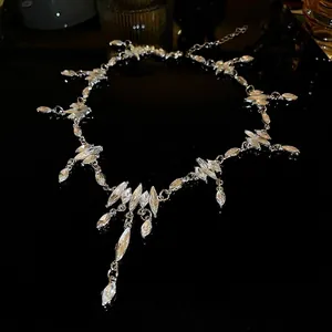 Elegant hip-hop silver choker necklace with marquise crystals and fringe tassels