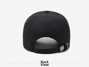 Detail view of the black baseball cap back with adjustable strap and metal buckle
