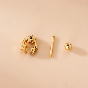 Golden stainless steel cartilage stud with purple zircon pendant and screw ball back