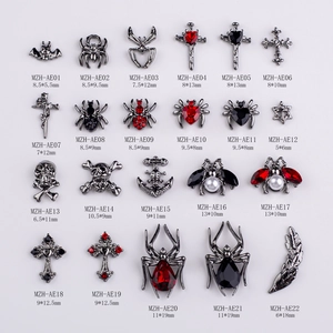 Gothic Nail Art Charms Alloy Skull Cross Spider Bat Punk Dark Style Halloween Manicure Decorations For DIY