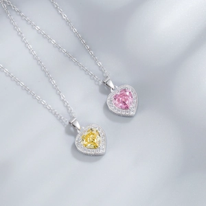 Parure en argent S925 avec pendentifs cœur en diamant de carbone jaune et rose