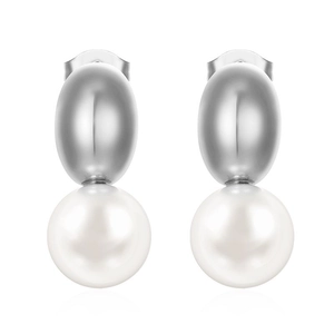 Polished silver stainless steel oval stud earrings with white pearl inlay on white background