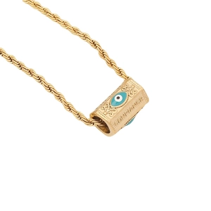 Gold twist chain necklace featuring a blue evil eye cylinder pendant with Confiance engraving