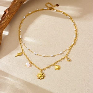 Double-layered stainless steel necklace with starfish shell charms and small pearls