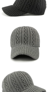 Detail view of knit baseball cap showing chunky cable pattern and warm textured fabric