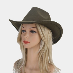 Close-up of a dark olive green wool felt cowboy hat with classic curved brim and fedora top