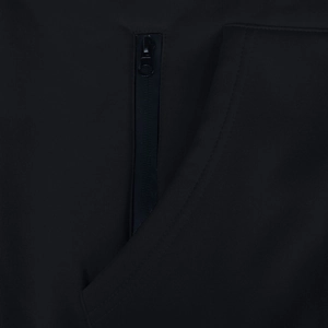 Detail of premium black fleece hoodie featuring a waterproof zipper and reinforced seams