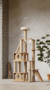 Detail of multi-level wooden cat tree featuring a transparent acrylic space capsule bed
